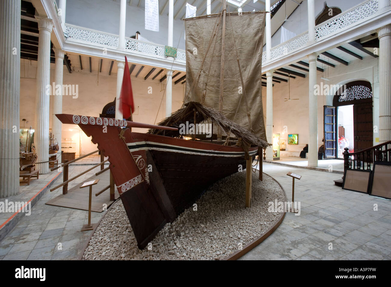 Zanzibar Tanzania A Traditional Dhow boat on dislay inside The House of Wonders National Museum in Stone Town Stock Photo