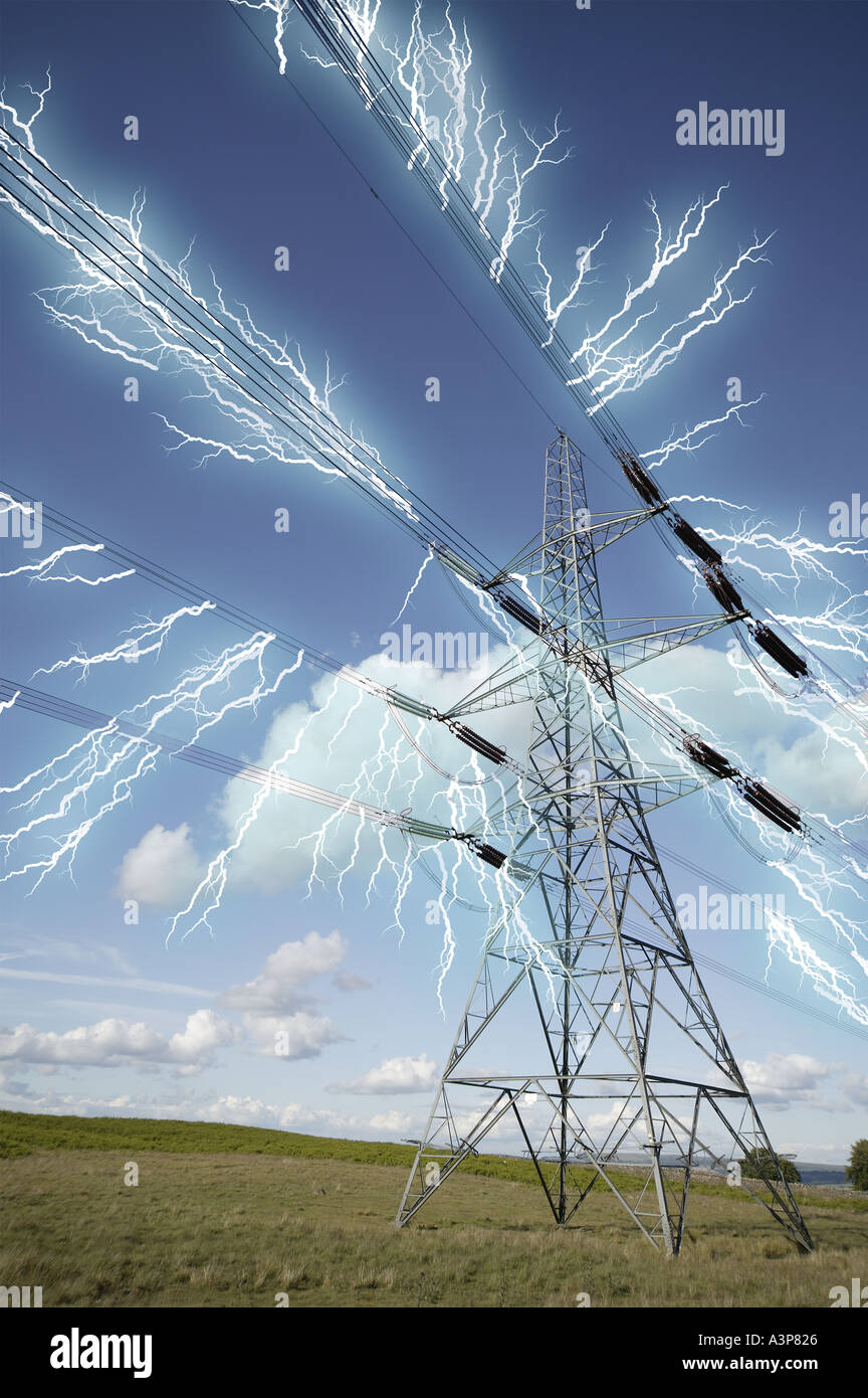 Pylon with sparks of electricity on cables Stock Photo Alamy
