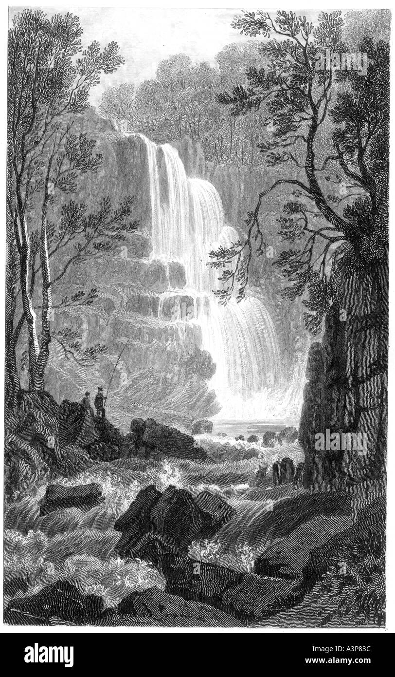 Pistill y Caen waterfall Monmouthshire South Wales UK "For Jones Temple of the Muses London" Engraved H Adlard Stock Photo