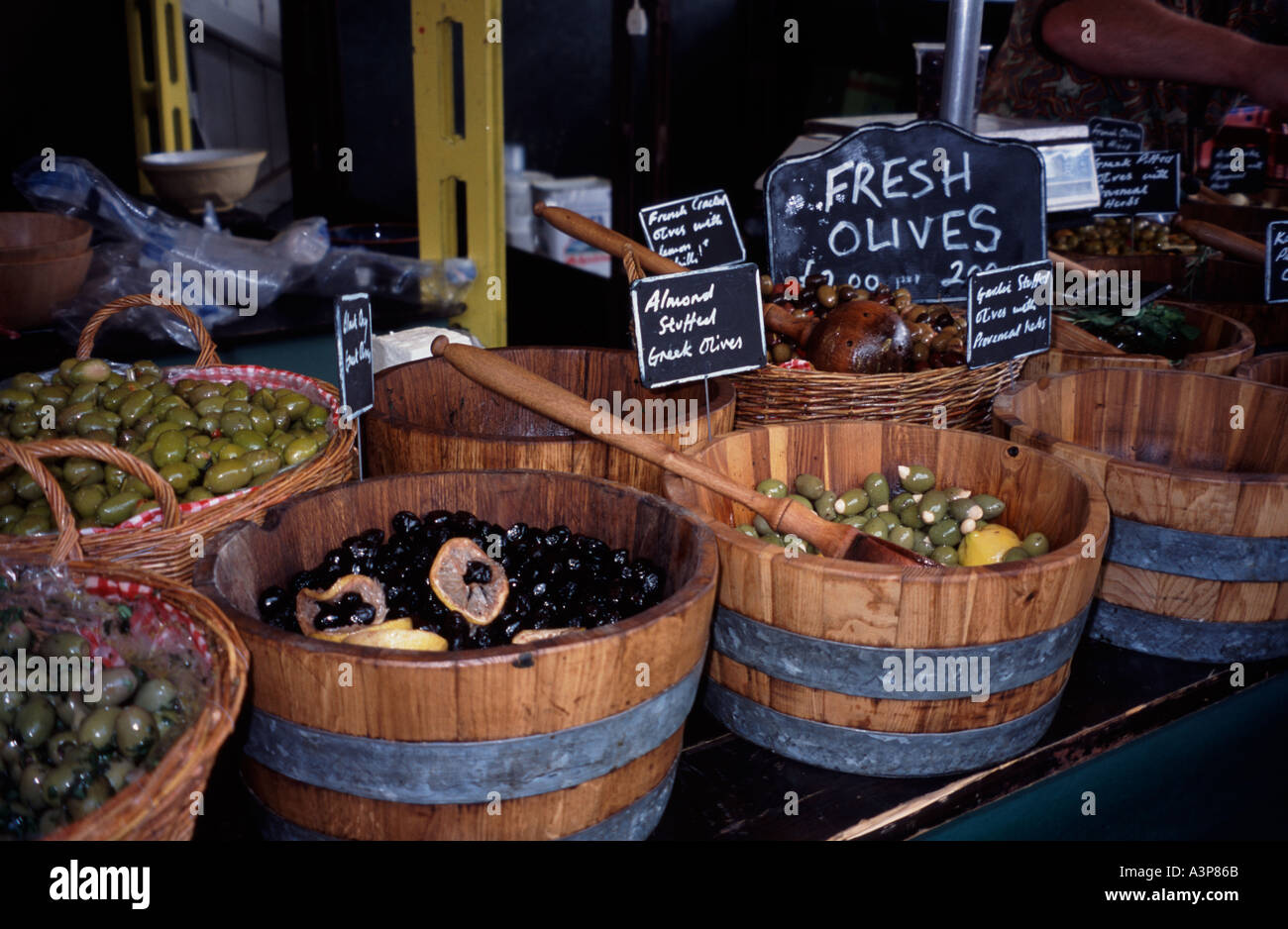 Selection of olives in tubs for sale at the Farmers Market Green Park