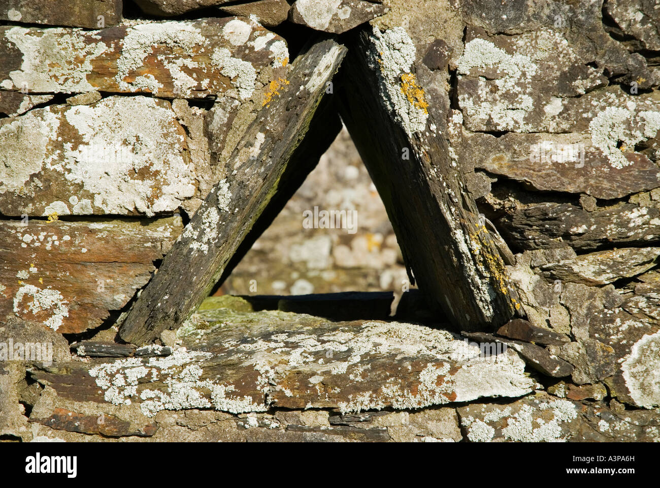 Triangle shaped window in ruin of old stone croft house on Island of ...