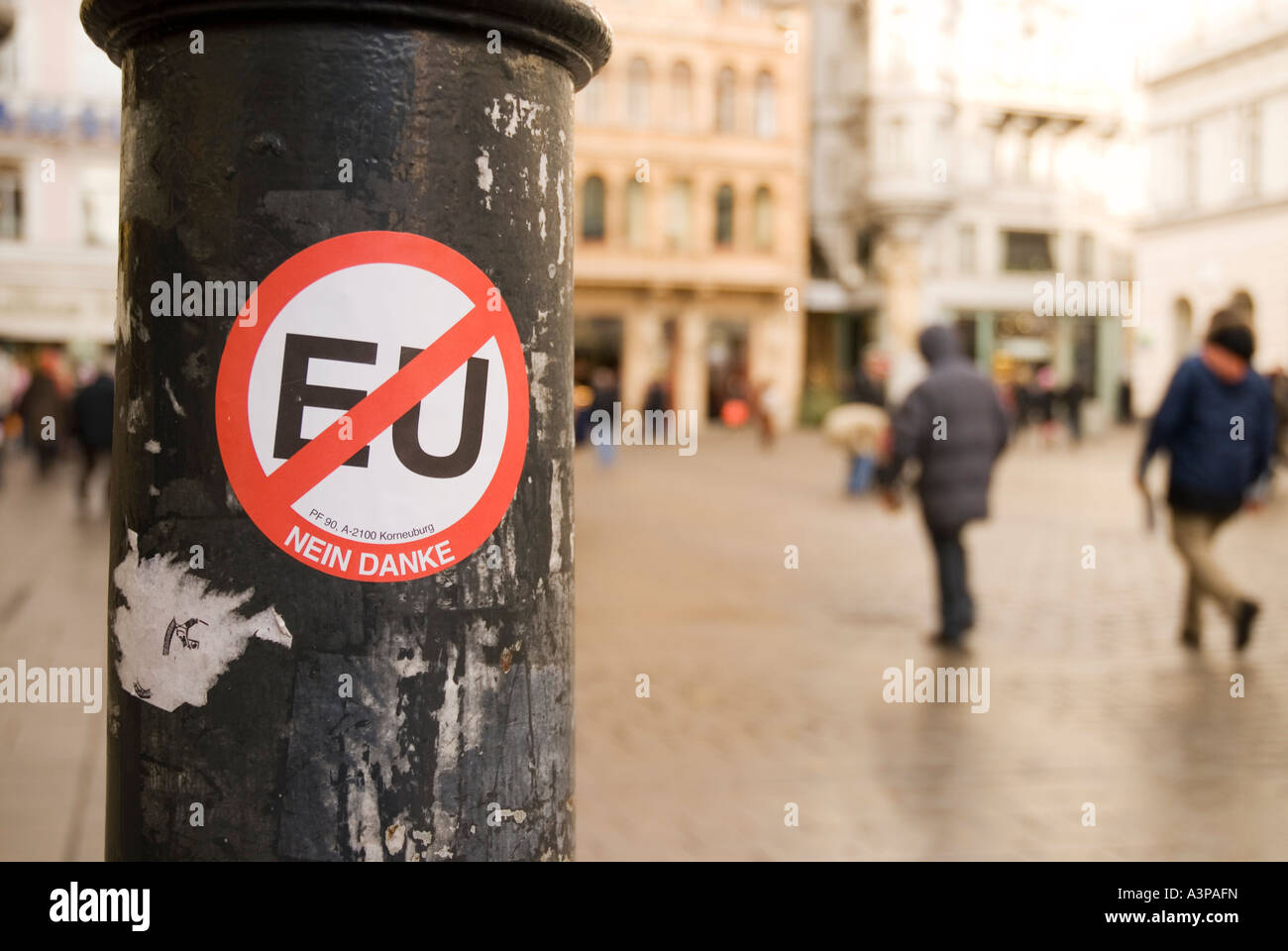Anti EU sticker on Vienna street post, Vienna, Austria Stock Photo