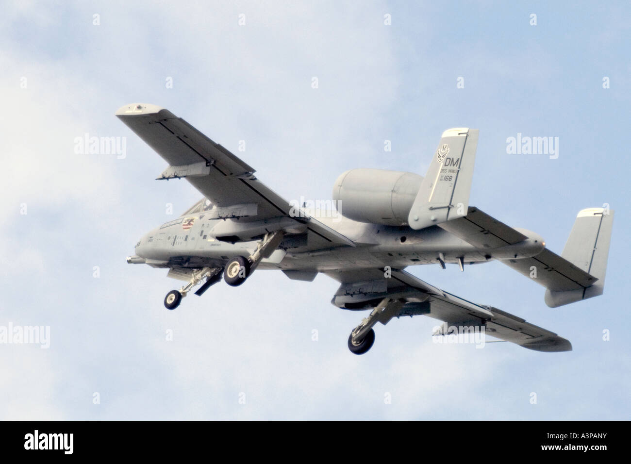 An A-10 Thunderbolt, also known as 'Warthog,' shows it undercarriage during takeoff Stock Photo