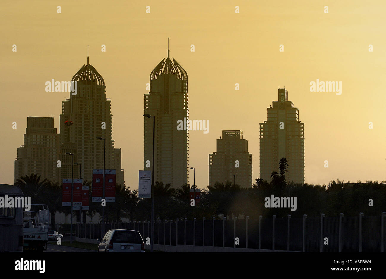 Skyscrapers at sunset Jebel Ali, Dubai, UAE Stock Photo