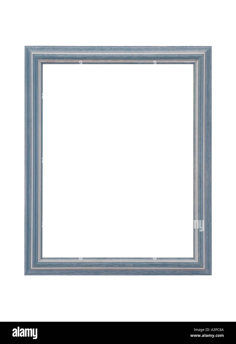 BLUE STAINED WOODEN PICTURE FRAME ON WHITE BACKGROUND Stock Photo