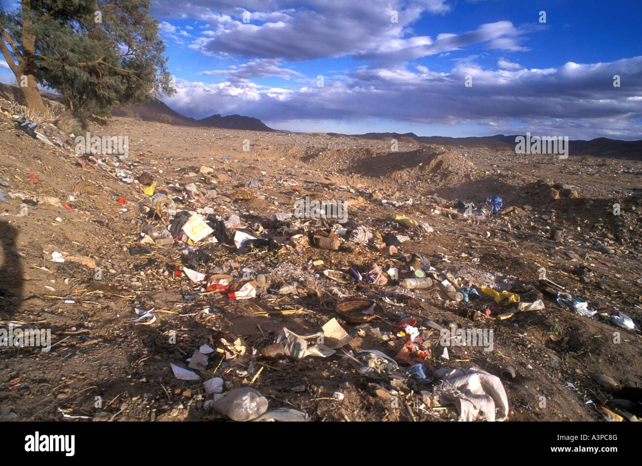 Litter dumped on the south edge of the town of Tinerhir Morocco Stock Photo