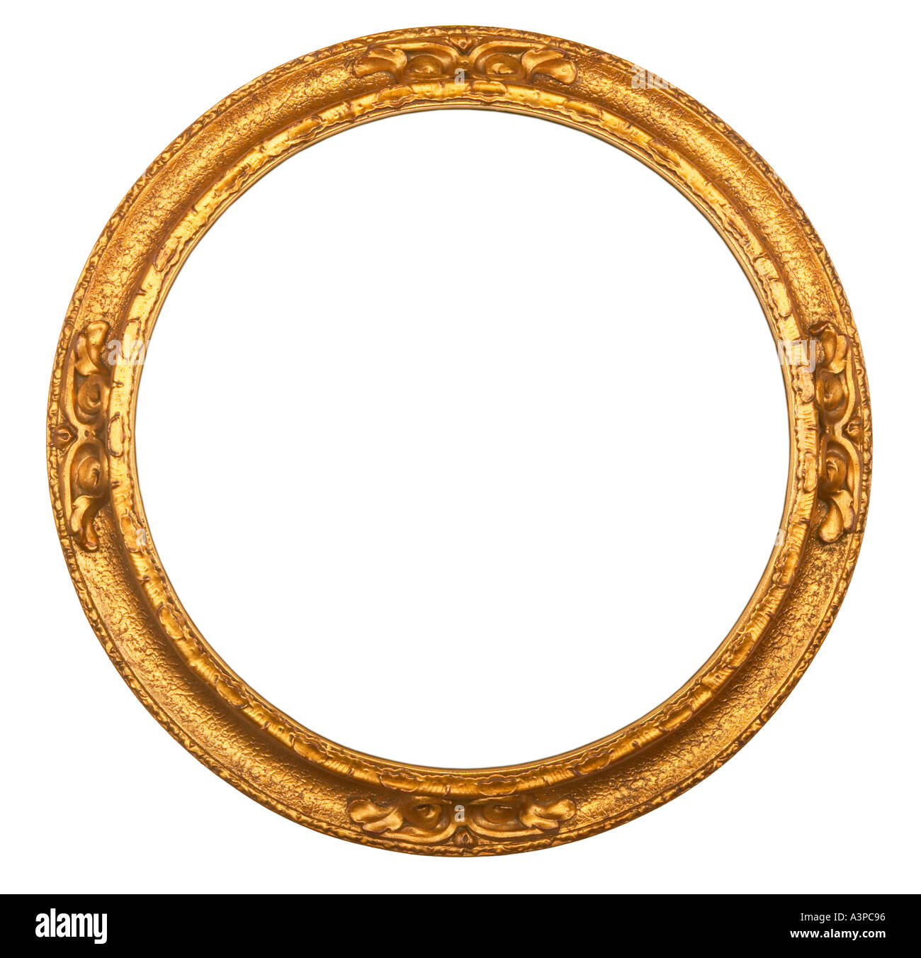 CIRCULAR GOLD GILT ANTIQUE PICTURE FRAME ON WHITE BACKGROUND Stock