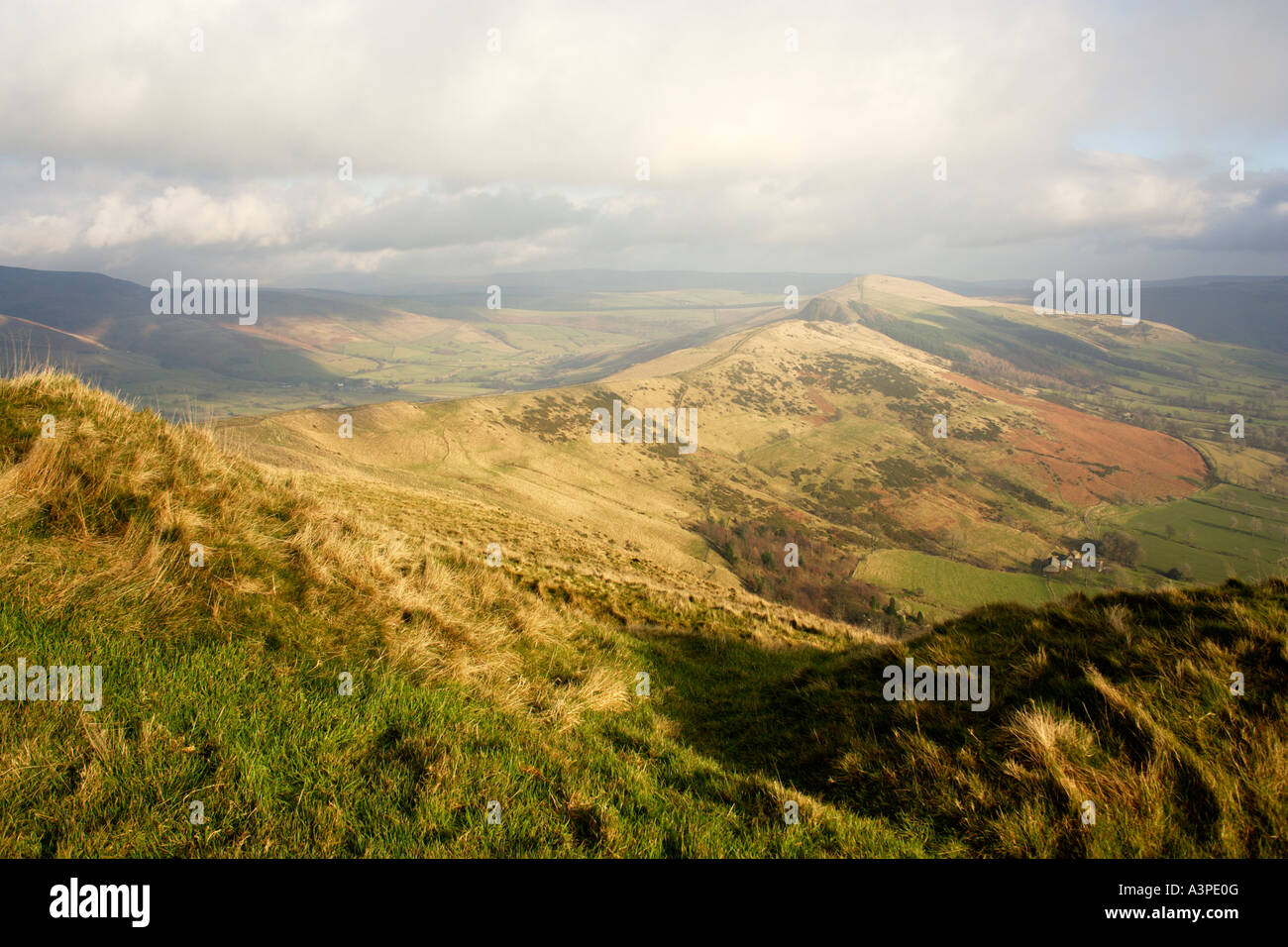View from Mam Tor looking along the Great Ridge towards Hollins cross and Back Tor in the Peak district National Park Stock Photo