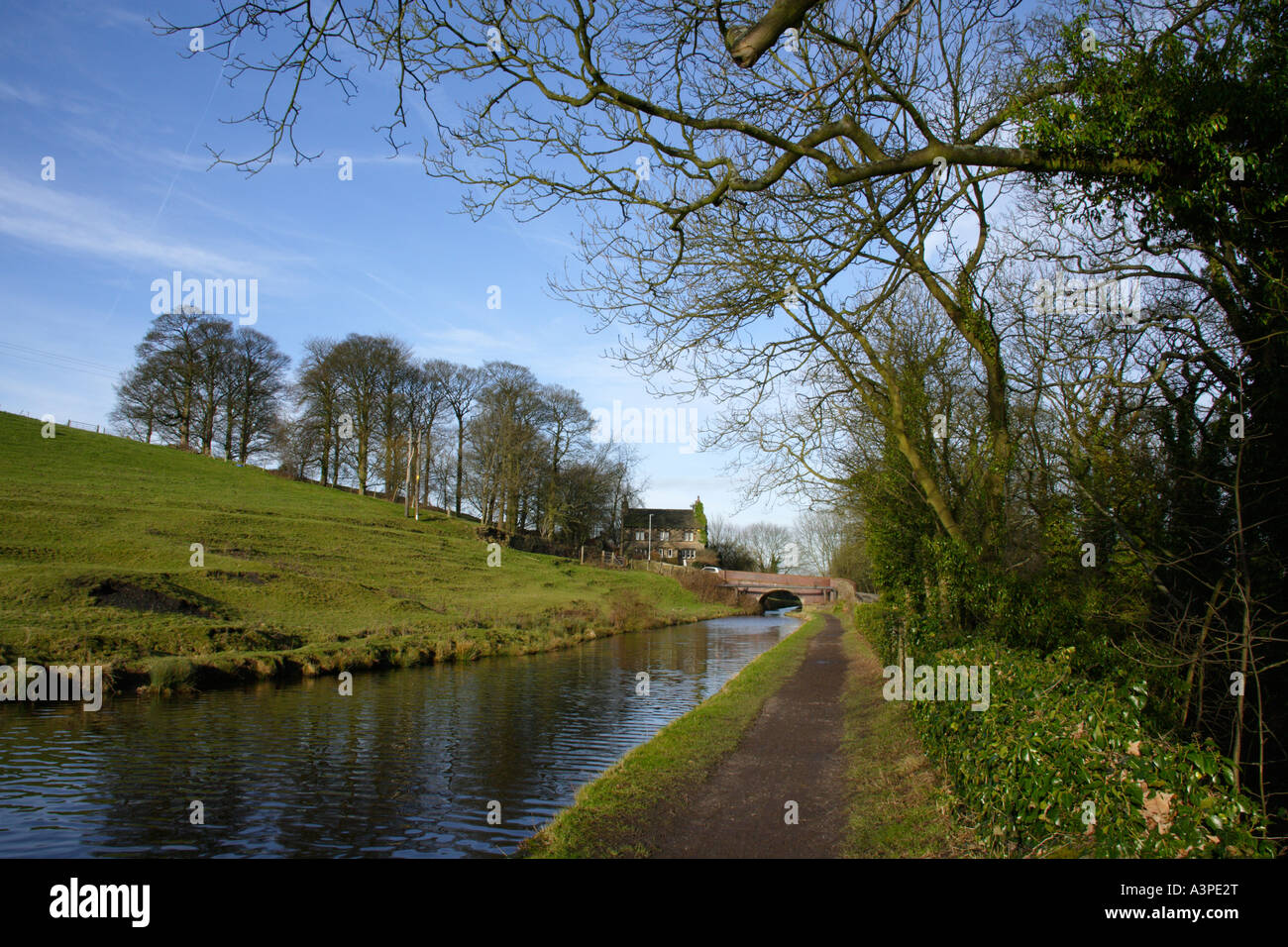 View of the Peak Forest Canal and Towpath at Marple in Cheshire Stock Photo