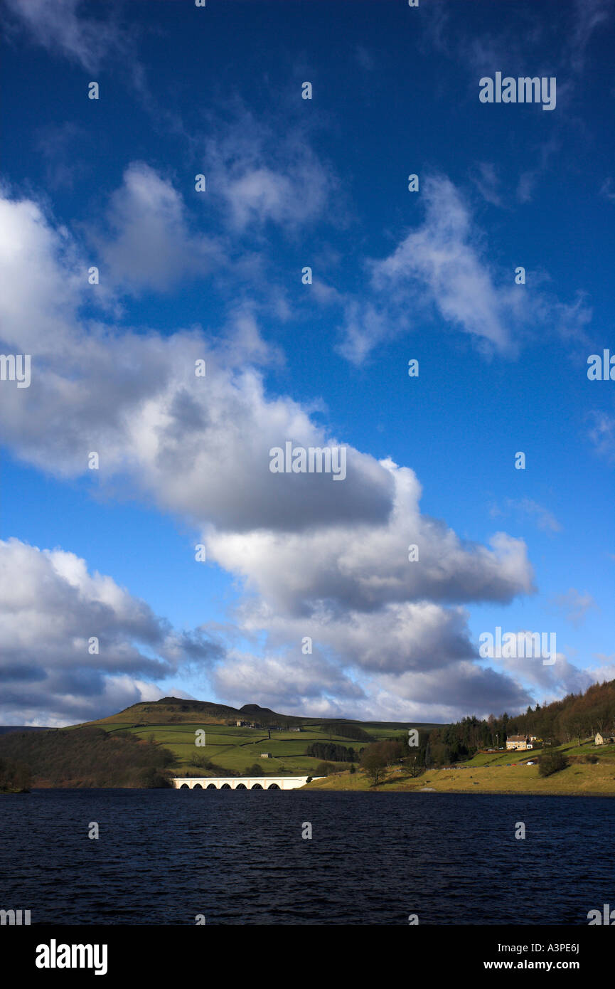 View across Ladybower Reservoir of Ashopton Viaduct  in the Peak District in Derbyshire Stock Photo