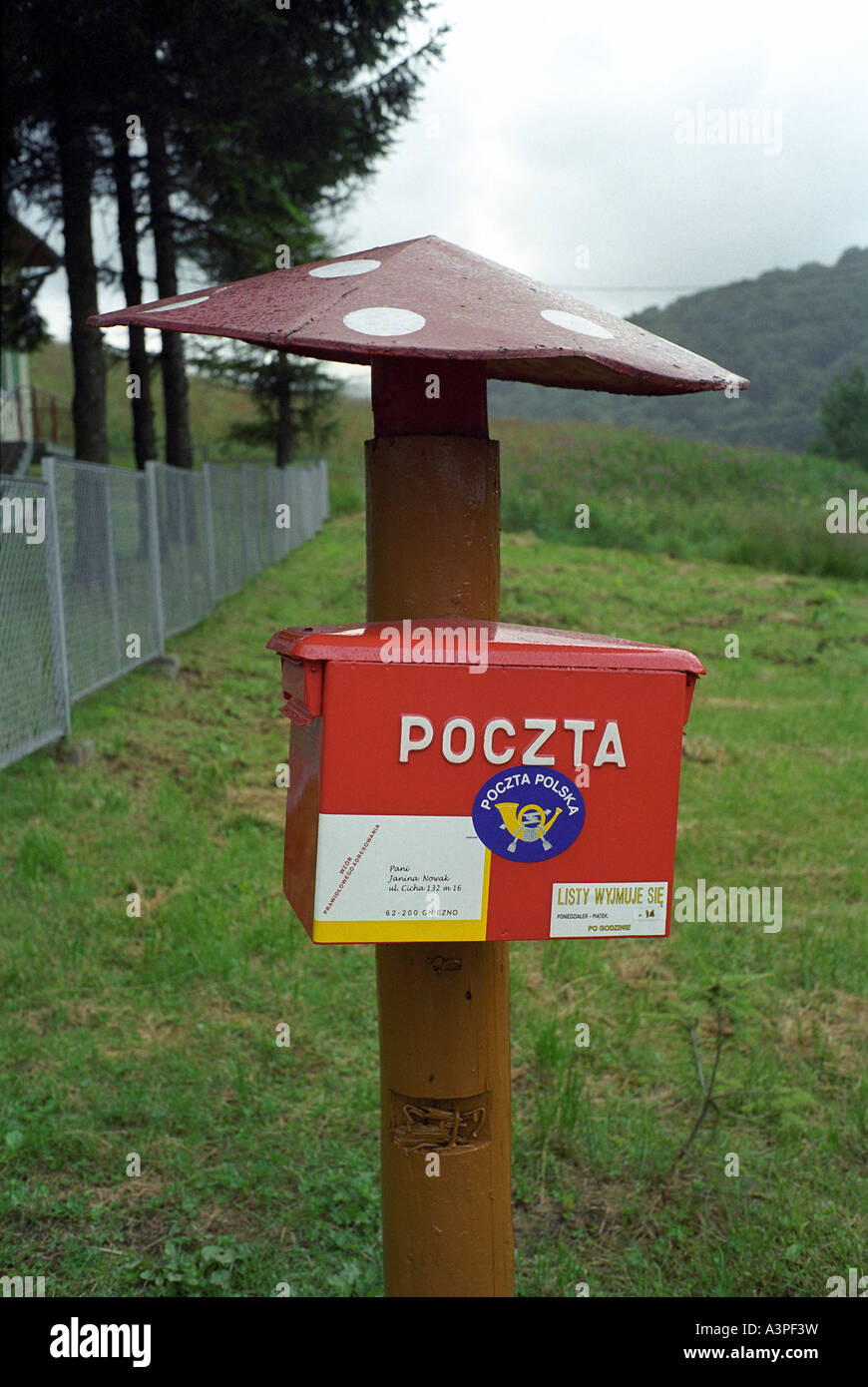 A red mailbox, Ustrzyki Gorne, Poland Stock Photo