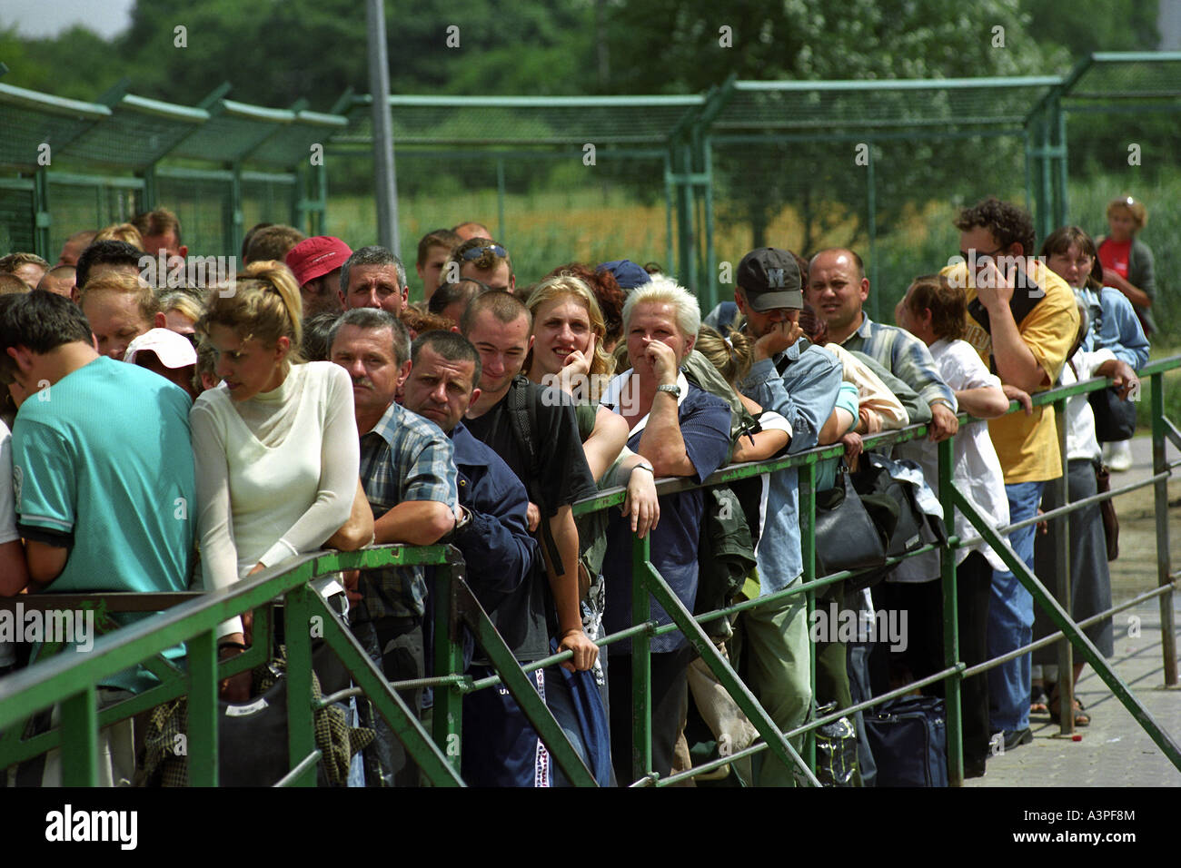 Queue of people waiting at the Polish-Ukrainian border crossing, Medyka, Poland Stock Photo