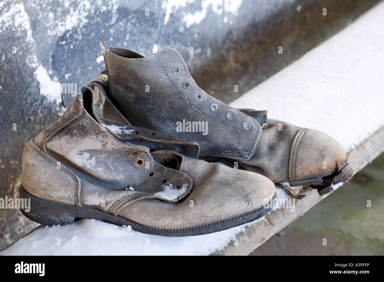 pair of old boots on snowy bench Stock Photo - Alamy