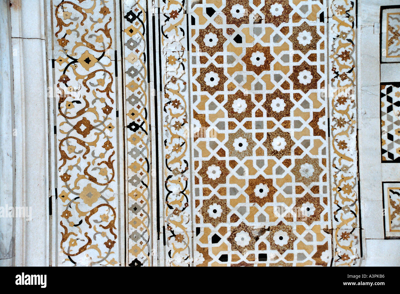 Pietra dura marble inlaid with semi precious stones on the Itimad ud Daulah or Baby Taj Uttar Pradesh India Stock Photo