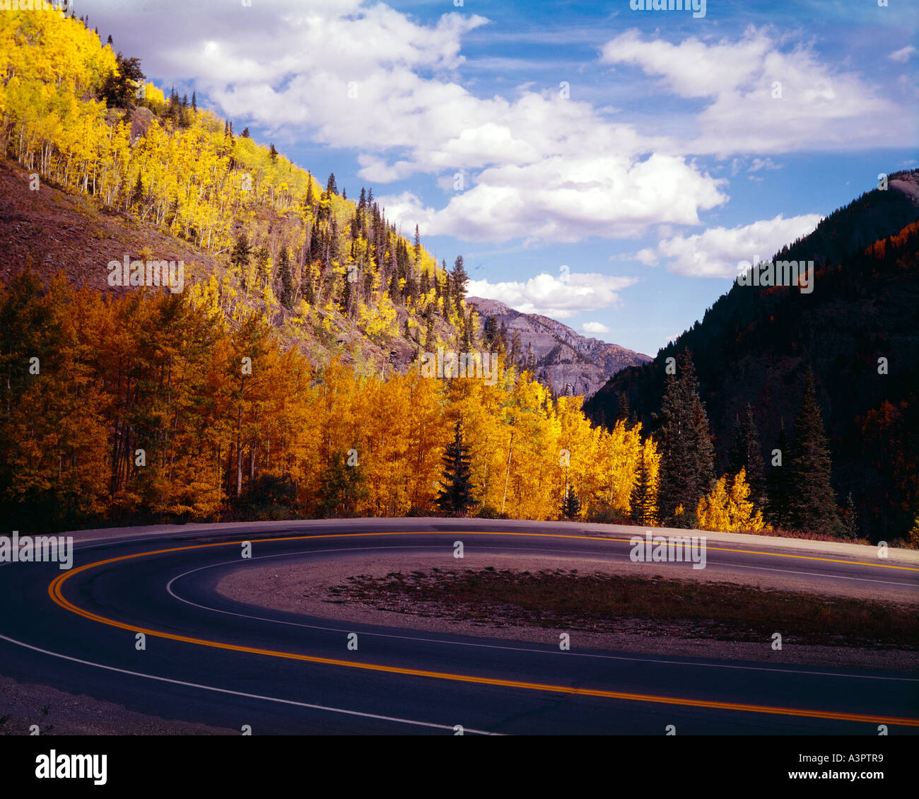 Hairpin curve of a mountain highway near Telluride in Colorado during