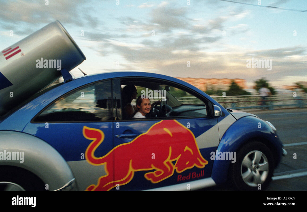 Volkswagen New Beetle with an advertisement of Red Bull, Kaliningrad,  Russia Stock Photo - Alamy