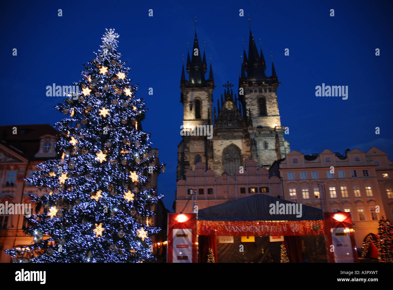 Christmas tree and and Christmas market in front of Teyn church old city ring Prague Czech republic Stock Photo