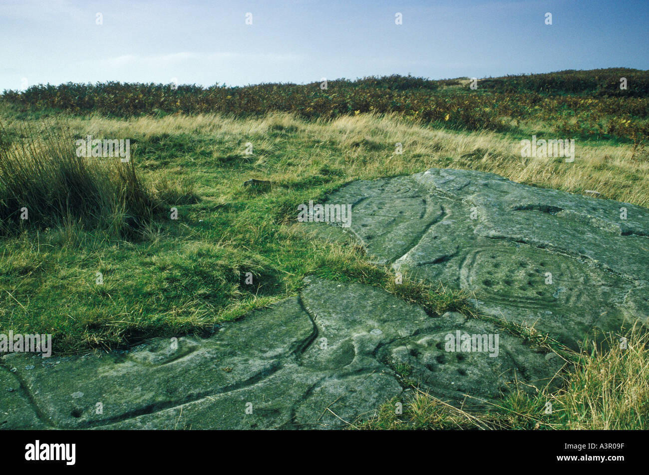 Dod Law Rock carving, unexplained prehistoric writings art? Doddington Moor, near Wooler Northumberland England UK 1990s 1992 HOMER SYKES Stock Photo