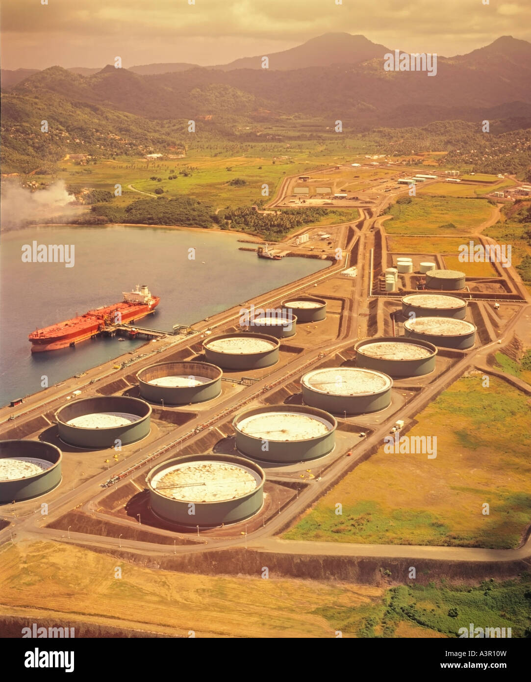 Crude oil storage and transhipment facility, Cul-de-Sac Bay, Castries, St. Lucia, Caribbean Stock Photo