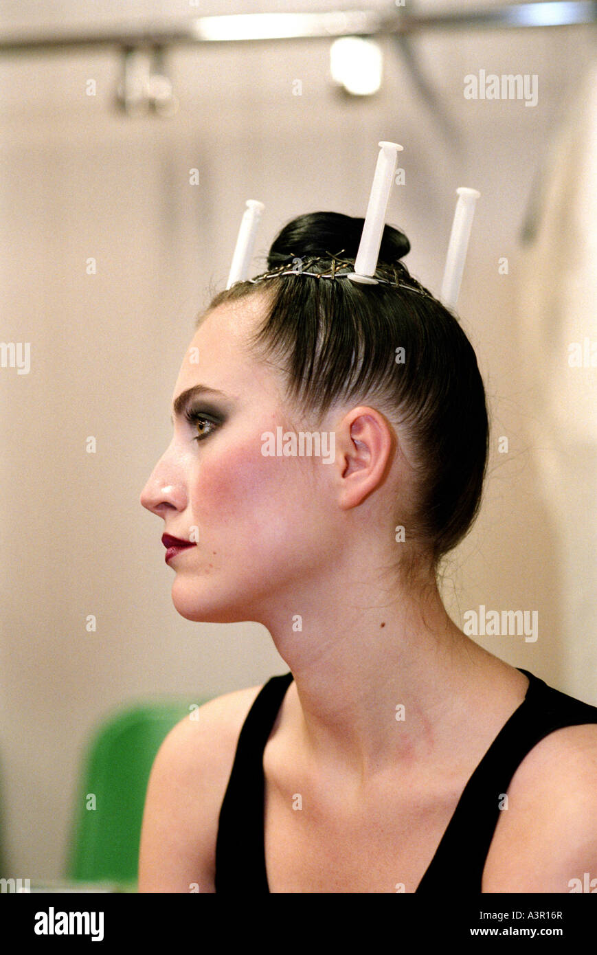 Young model in the backstage at the XIII International Hair Fair 2005 in Poznan, Poland Stock Photo