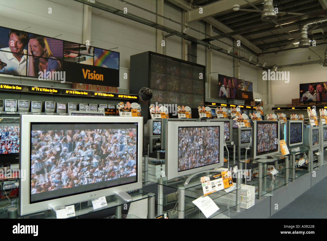 Widescreen Television display in Comet store football onscreen Stock Photo