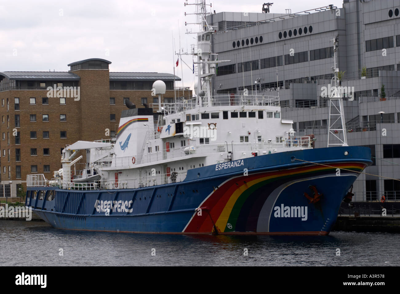 Greenpeace boat Esperanza moored at London docklands Stock Photo