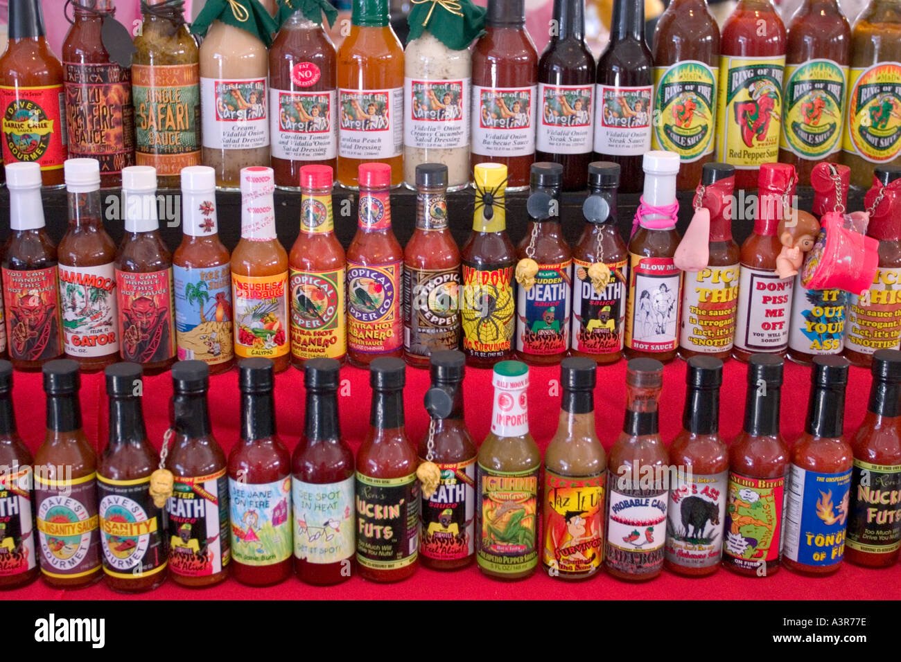 Hot sauce bottles at The Market Charleston South Carolina Stock Photo