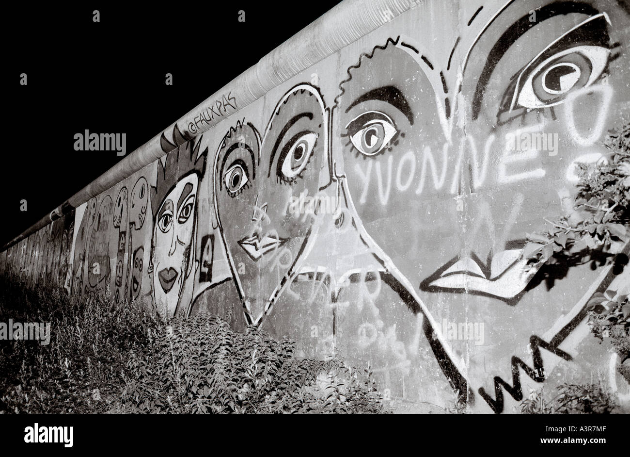 European History. The historical Berlin Wall at night in West Berlin in
