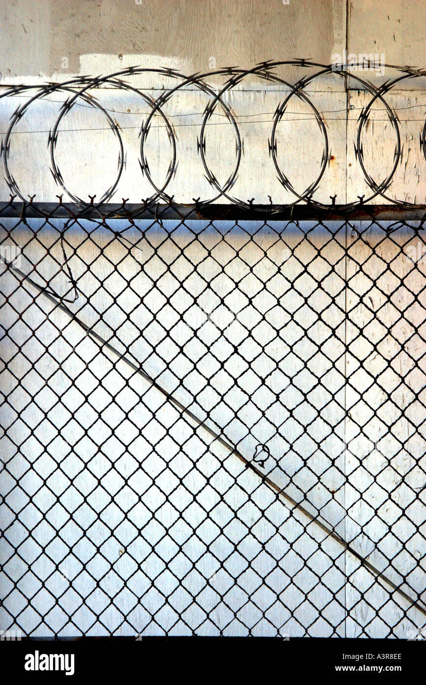 Chainlink fencing and concertina wire Stock Photo