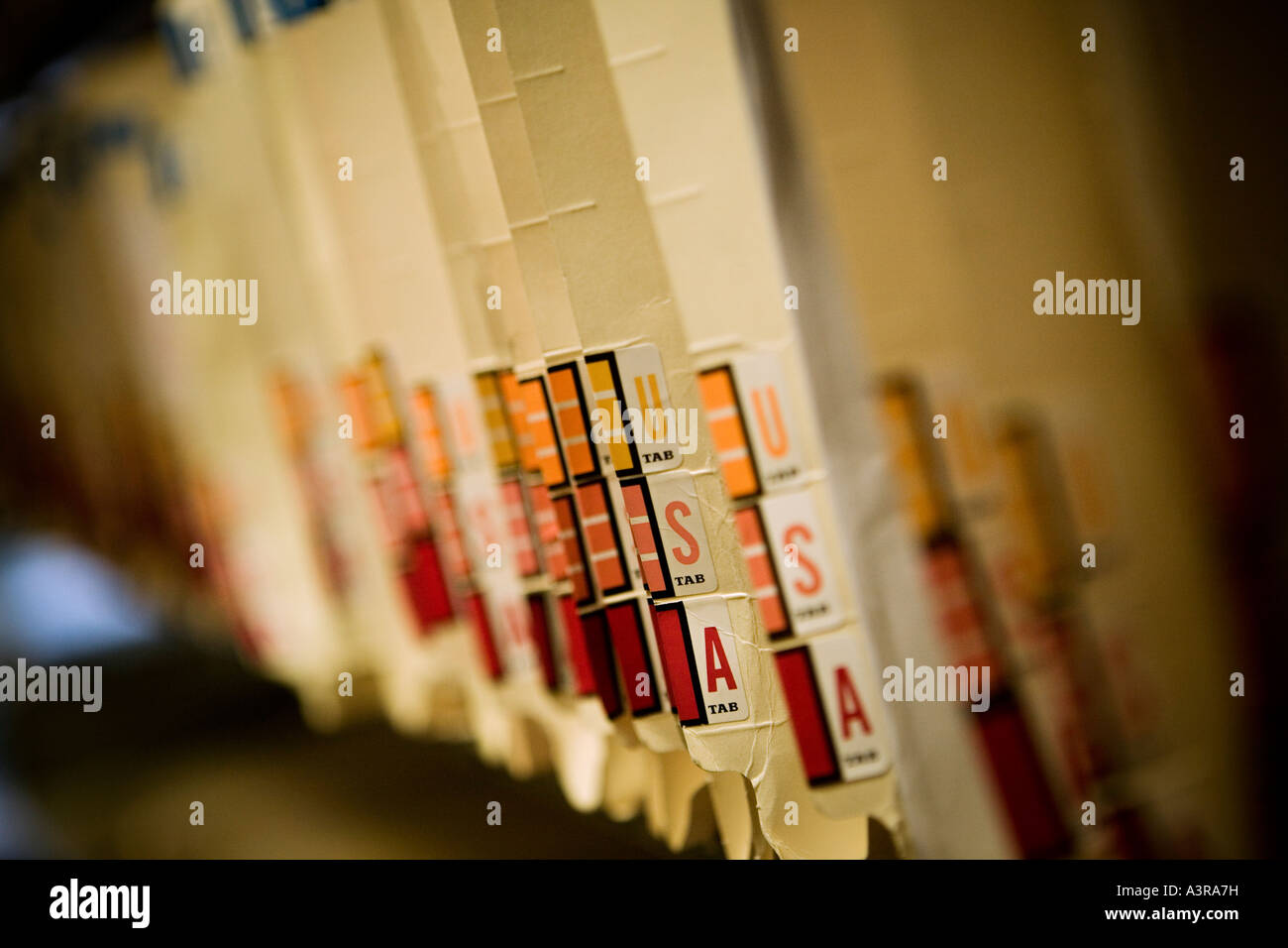 Files on shelves with three letter tabs spelling USA Stock Photo Alamy