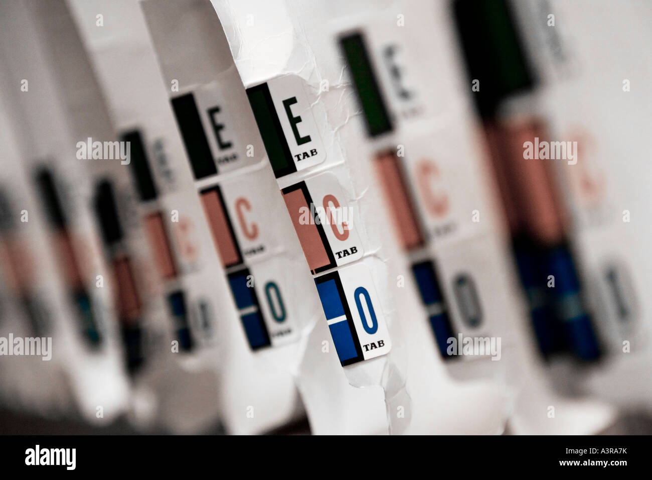 Files on shelves with three letter tabs spelling ECO Stock Photo Alamy