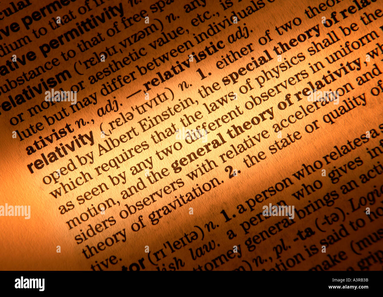 CLOSE UP OF DICTIONARY PAGE SHOWING DEFINITION OF THE WORD RELATIVITY Stock Photo