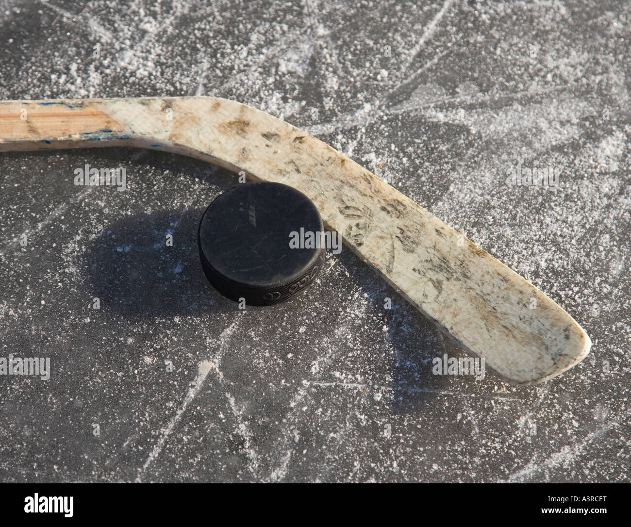 The blade of a hockey stick and a puck on a frozen pond Stock Photo Alamy