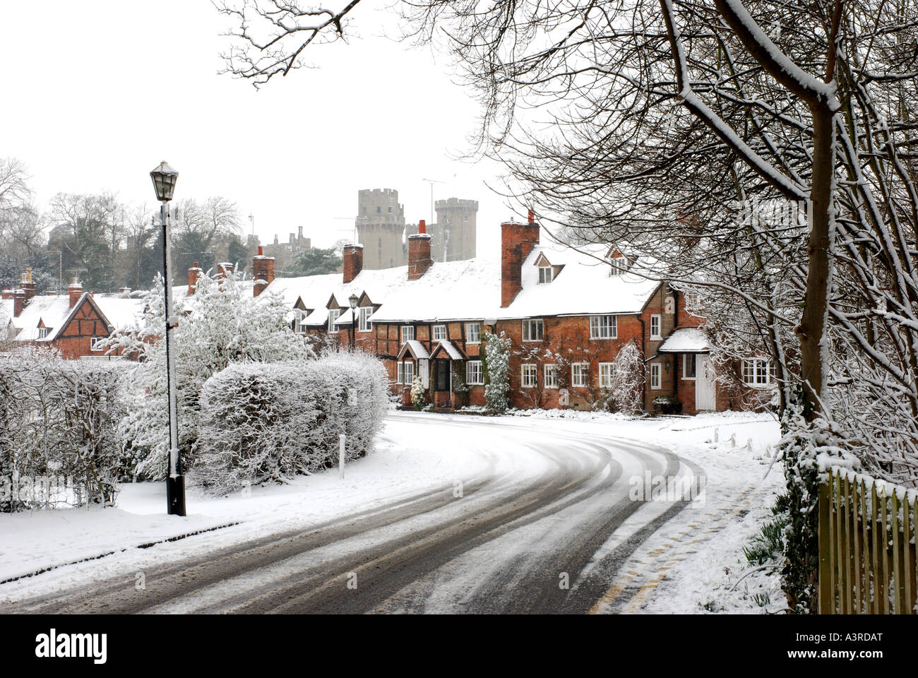 Bridge End and Warwick Castle, snowy, Warwick, Warwickshire, England UK