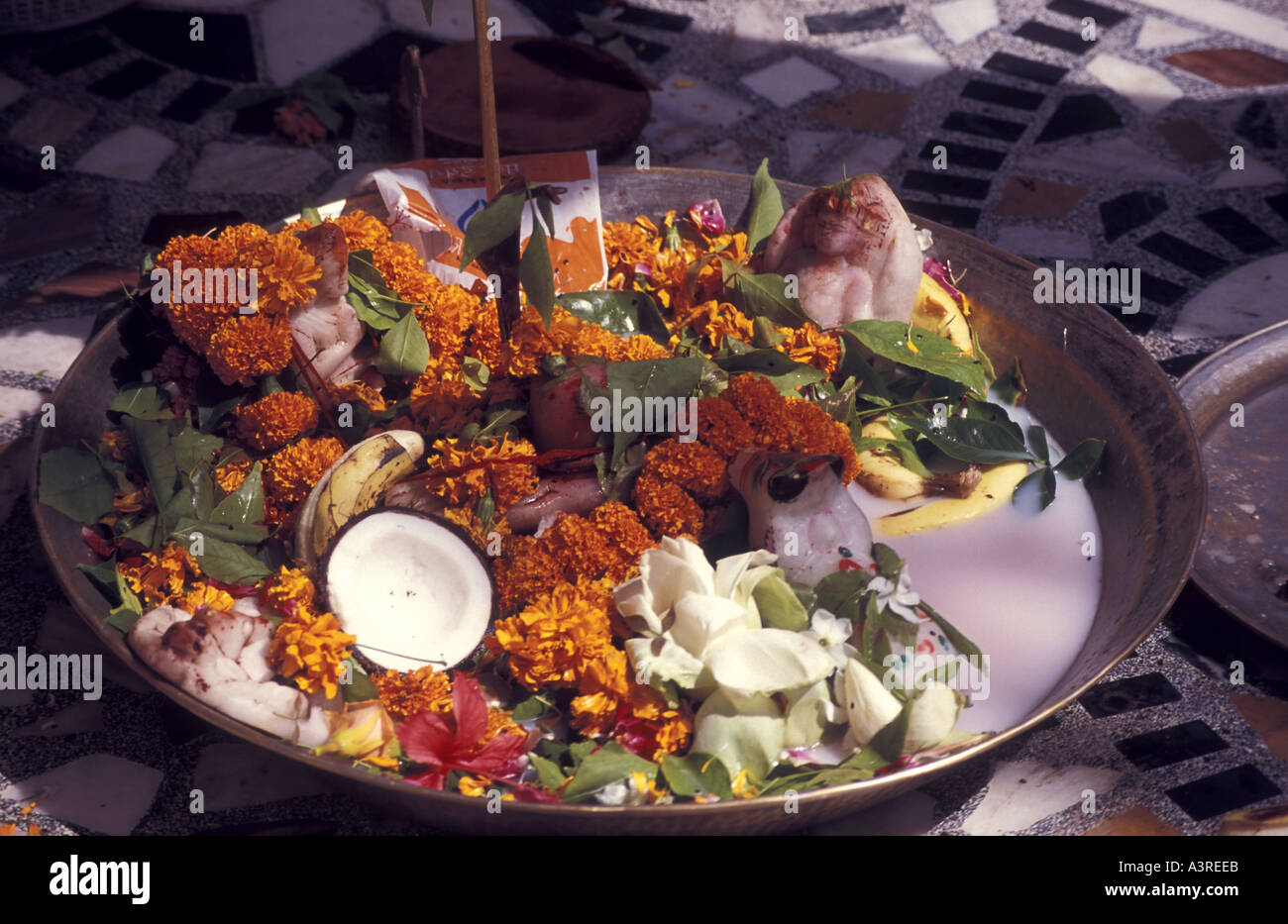 HINDUISM puja tray offering of flowers, fruits, rice and a coconut Stock Photo