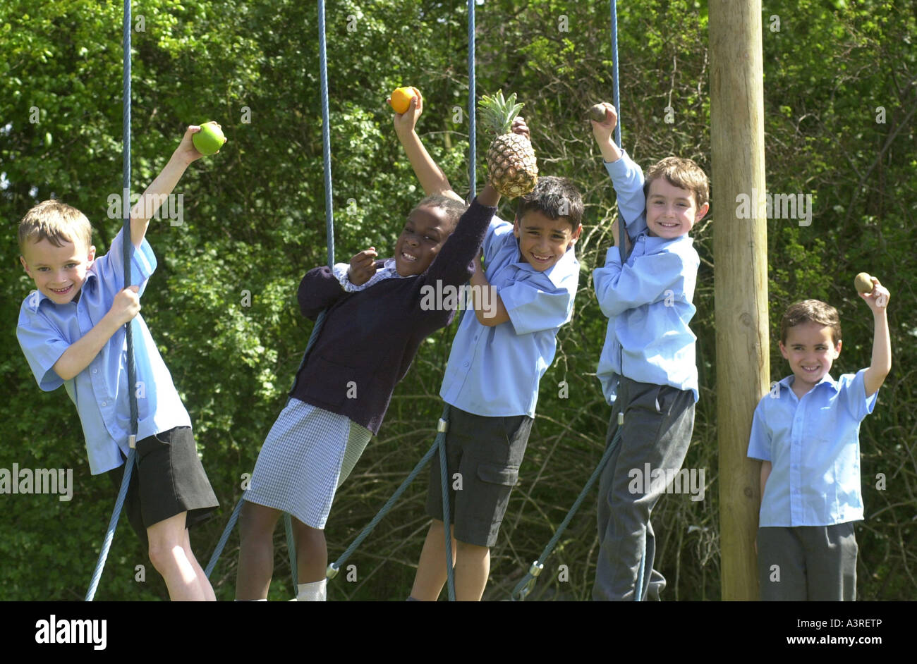Children show different kinds of fruit in a lesson. Encouraging them to