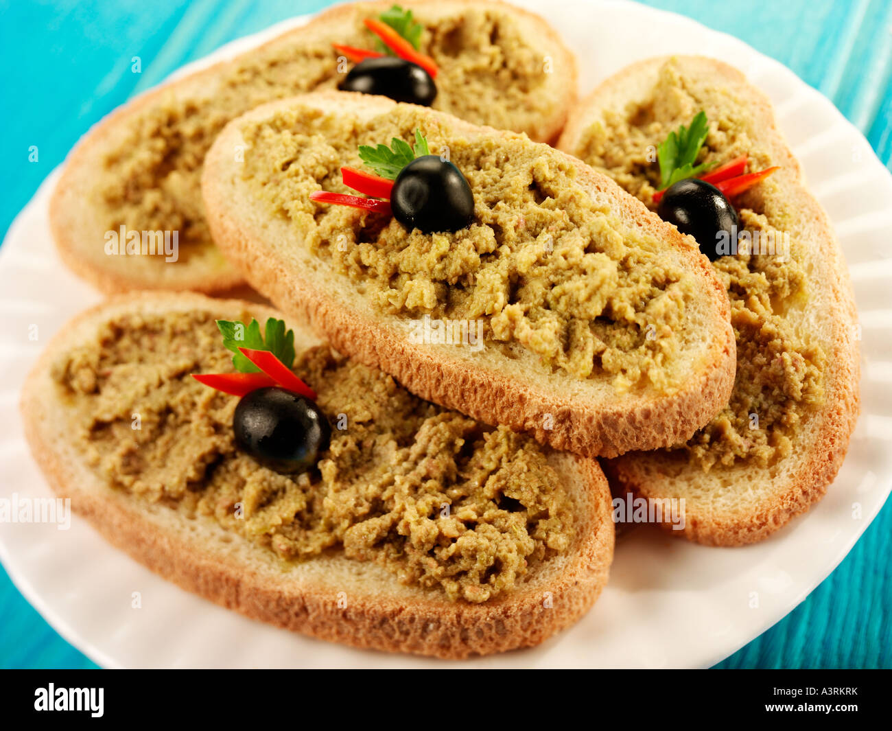 BRUSCHETTA WITH OLIVE CREAM SPREAD CREMA DI OLIVE Stock Photo Alamy