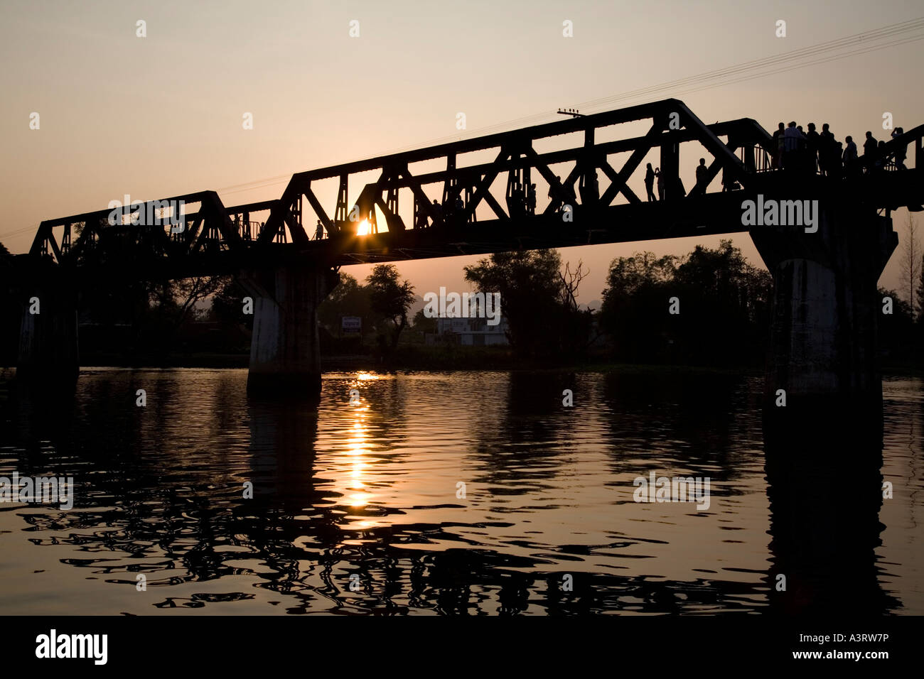 Death Railway Bridge, Kwai River, Kanchanaburi, Thailand Stock Photo