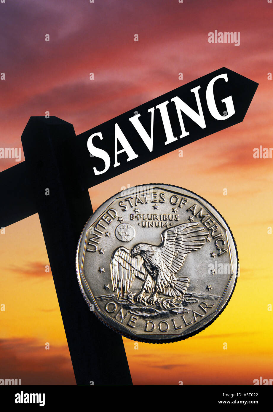 Signpost pointing toward SAVING with US one Dollar coin Stock Photo