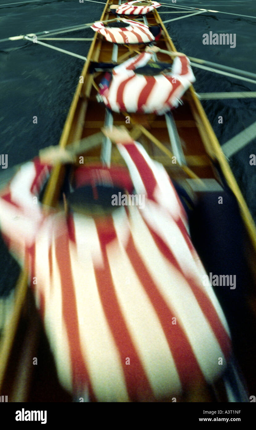 Close-up picture of a rowing eight in action during the annual Heads of the River Race, London Stock Photo