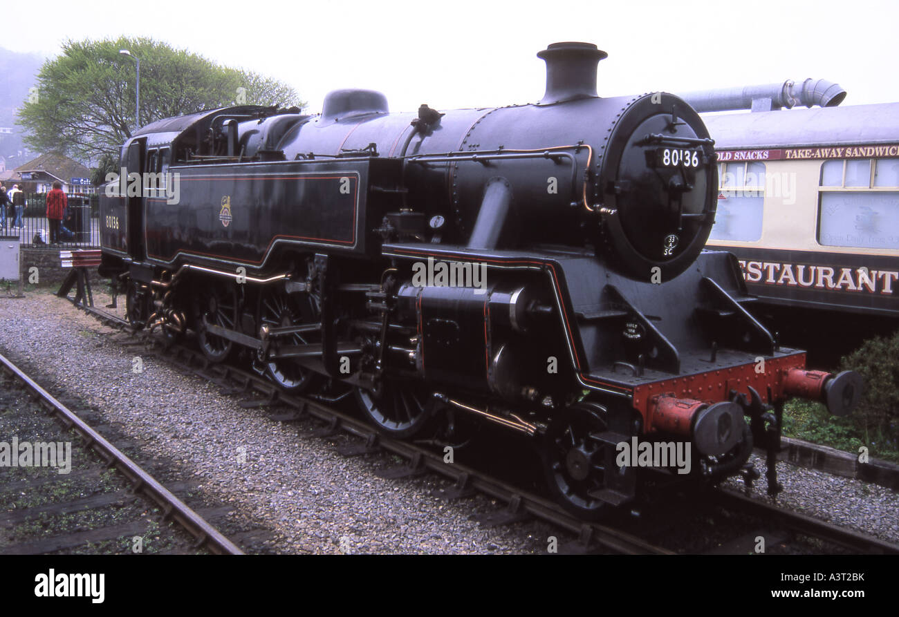 A Standard Class 4  2-6-4 steam locomotive Number 80136 operating on the West Somerset Railway at Minehead. Stock Photo