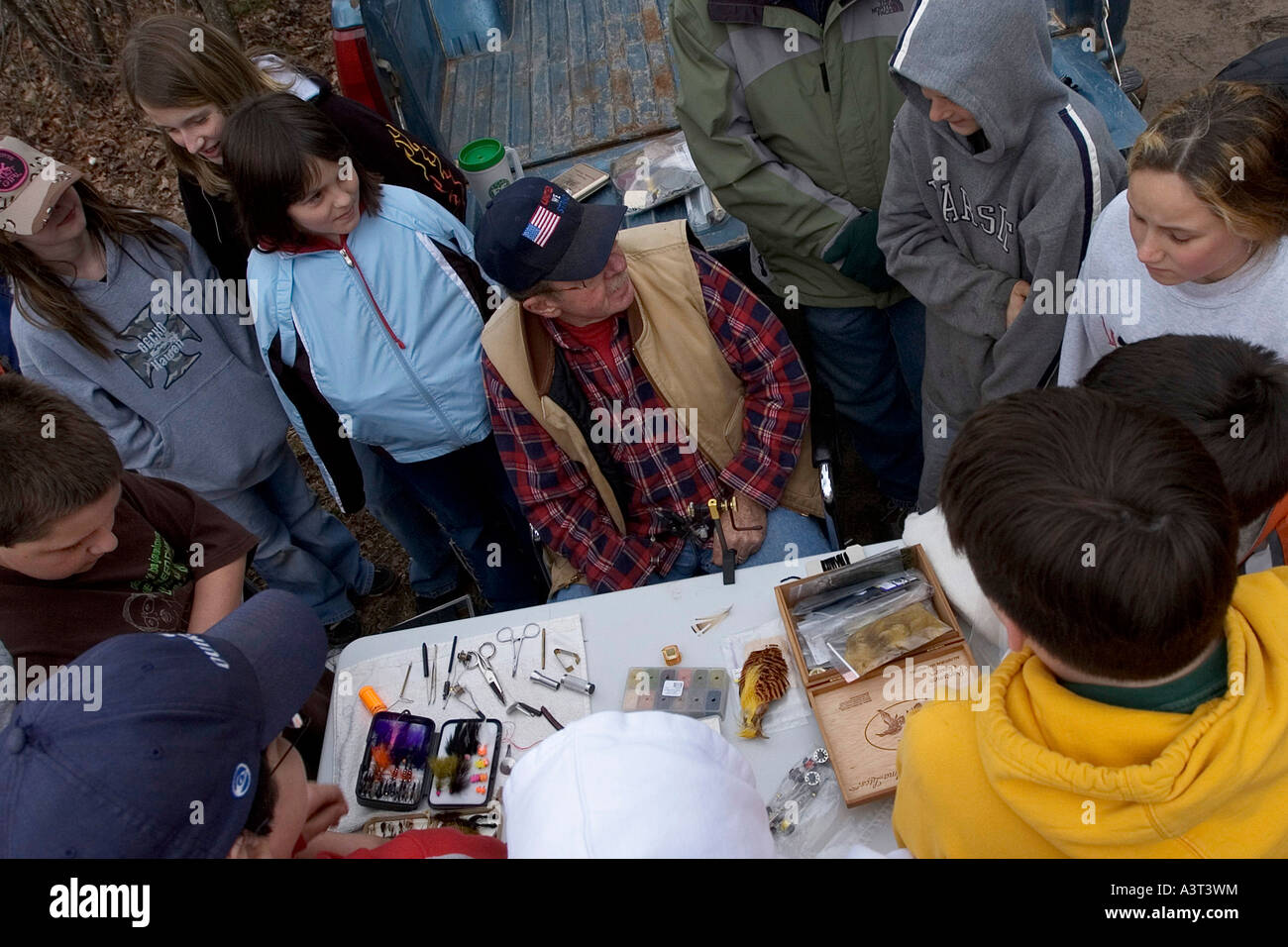 Elementary school students from Gwinn Michigan get a fly tying lesson