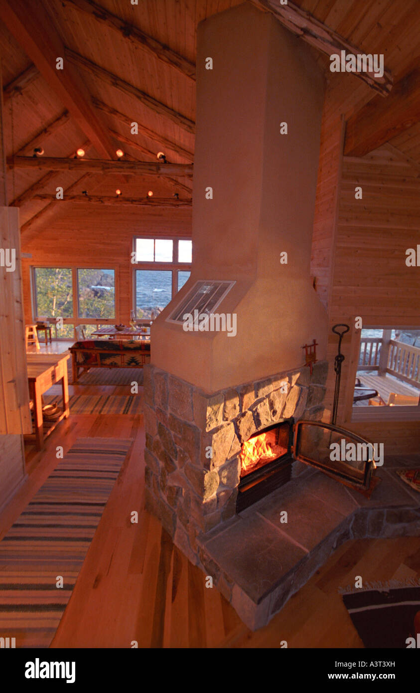 A fireplace warms a Lake Superior cottage on Middle Island Point near