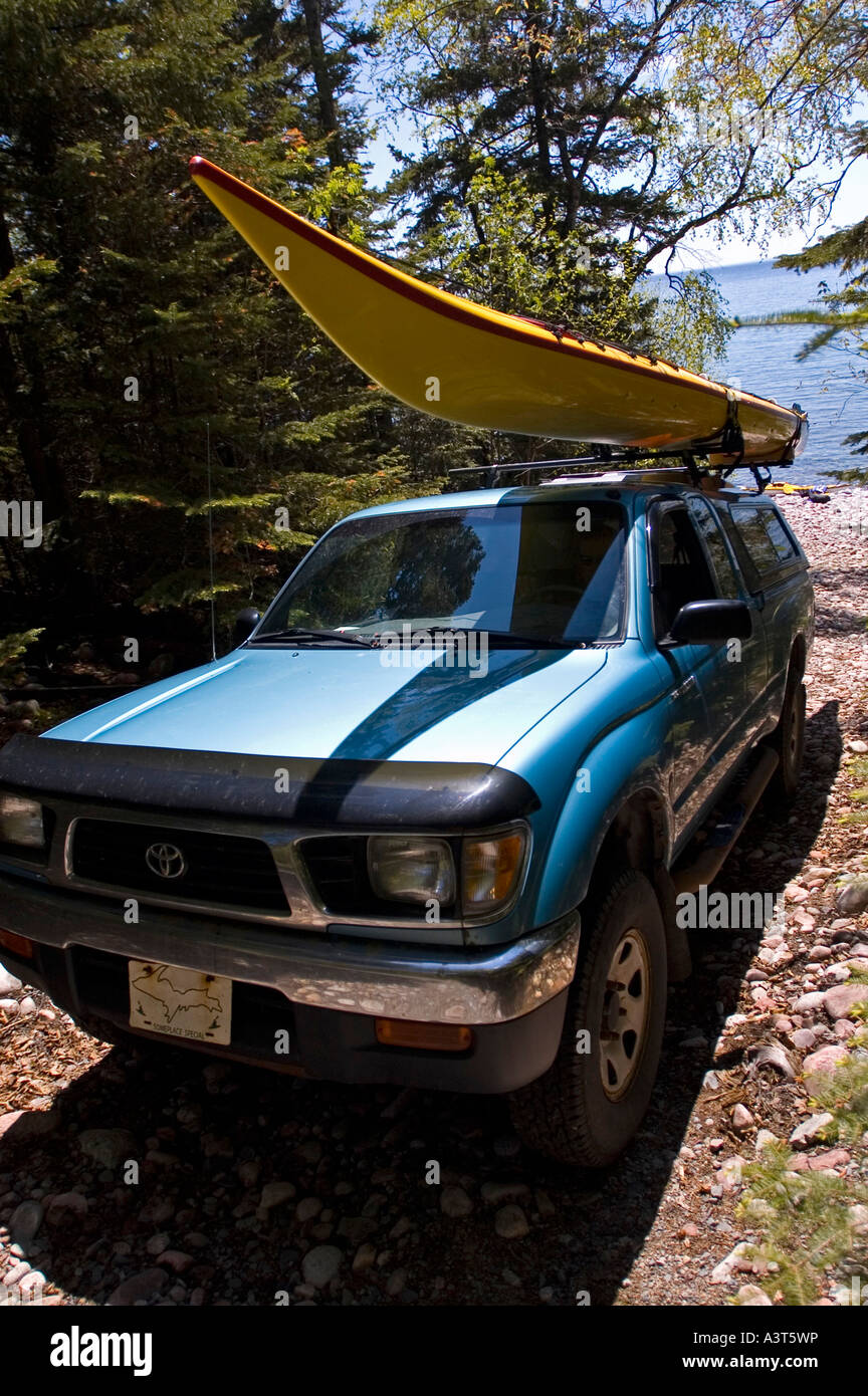 Truck with sea kayak, Lake Superior Provincial Park, Ontario, Canada Stock Photo
