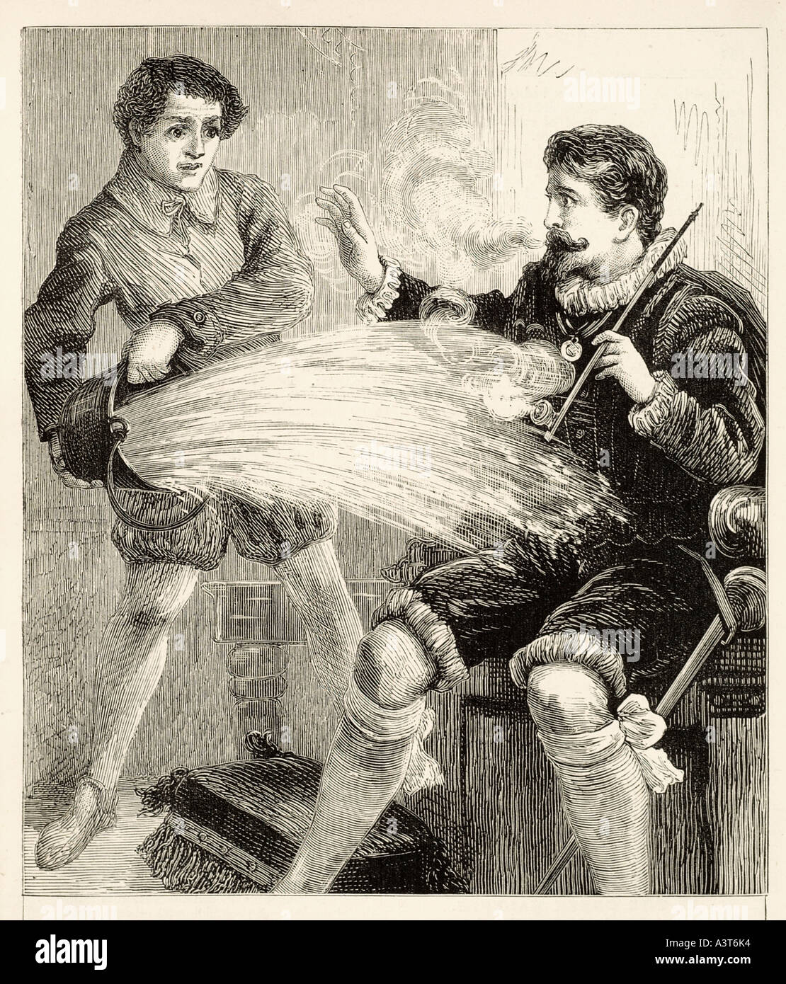 walter raleigh tobacco sketch Sir walter Raleigh smoking pipe tobacco servant page boy throw throwing  bucket water fire alarm danger nicotine drug bad habit c Stock Photo