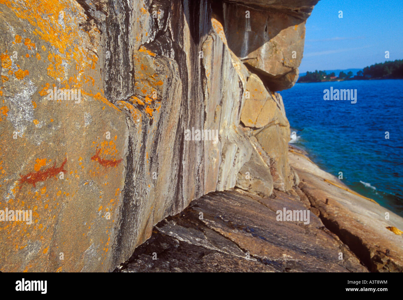 Ancient Ojibwa pictographs are seen at Agawa Rock in Lake Superior