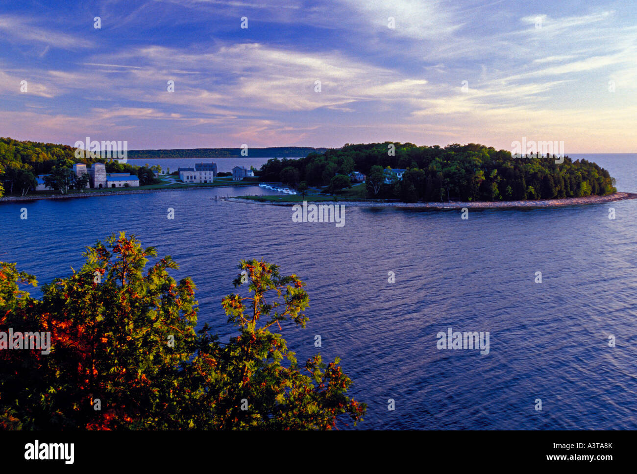 BUILDINGS AT FAYETTE STATE HISTORIC PARK ON THE GARDEN PENINSULA SEEN FROM A BLUFF ON SNAIL SHELL HARBOR Stock Photo