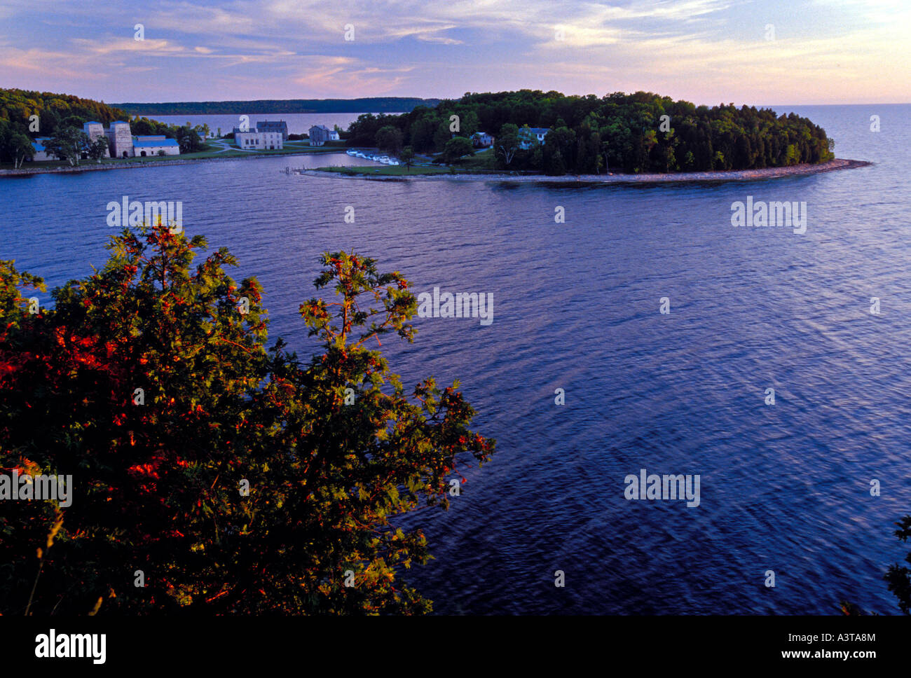BUILDINGS AT FAYETTE STATE HISTORIC PARK ON THE GARDEN PENINSULA SEEN FROM A BLUFF ON SNAIL SHELL HARBOR Stock Photo