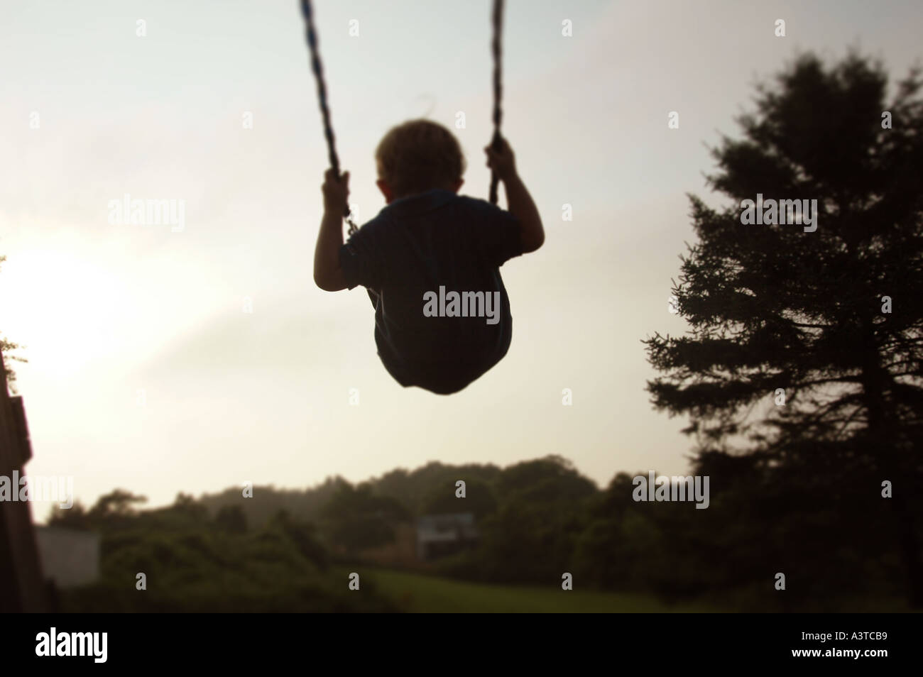 child playing small boy swinging on swing Stock Photo