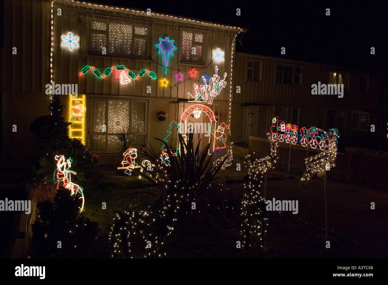 Christmas lights on front of prefabricated houses in Swindon, Wiltshire